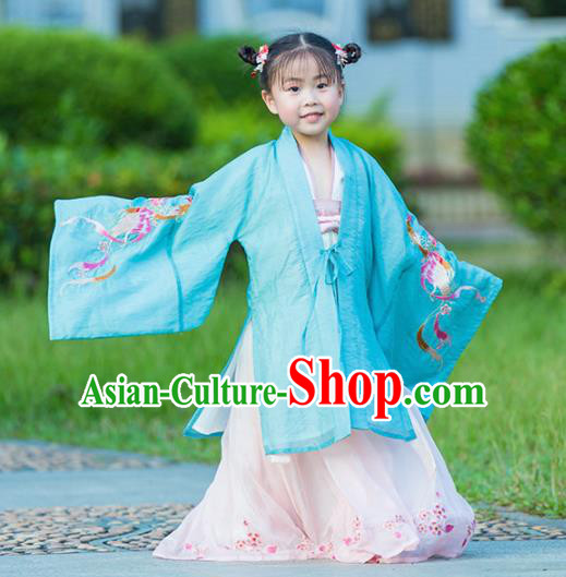 Chinese Traditional Girls Embroidered Blue Cloak and Pink Skirt Ancient Ming Dynasty Princess Costume for Kids