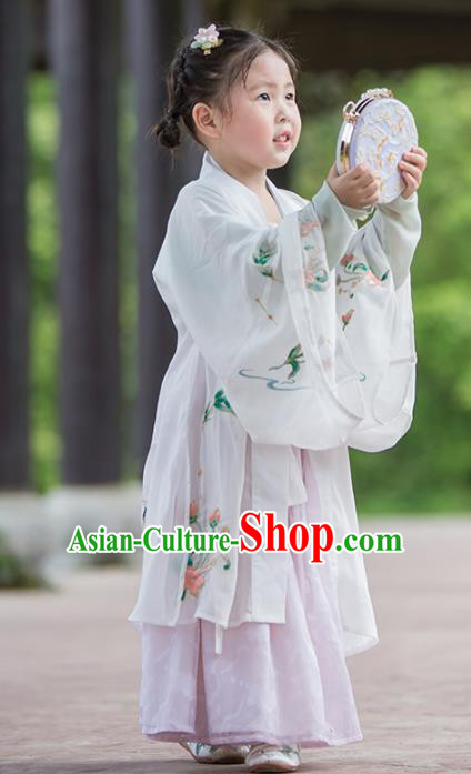 Chinese Traditional Girls Embroidered White Cape and Pink Skirt Ancient Song Dynasty Princess Costume for Kids