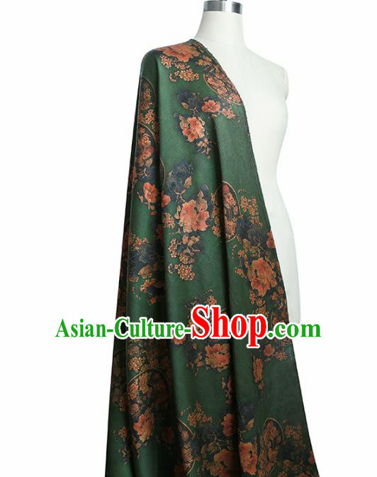 Chinese Classical Peony Plum Pattern Design Green Gambiered Guangdong Gauze Fabric Asian Traditional Cheongsam Silk Material