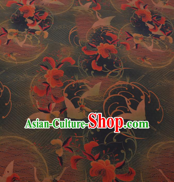 Chinese Classical Printing Crane Pattern Design Atrovirens Gambiered Guangdong Gauze Fabric Asian Traditional Cheongsam Silk Material