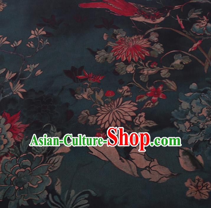 Chinese Classical Printing Chrysanthemum Peony Pattern Design Atrovirens Gambiered Guangdong Gauze Fabric Asian Traditional Cheongsam Silk Material