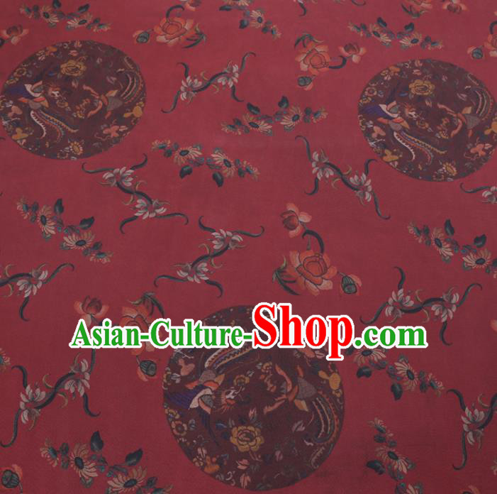 Chinese Classical Printing Phoenix Peony Pattern Design Purplish Red Gambiered Guangdong Gauze Fabric Asian Traditional Cheongsam Silk Material