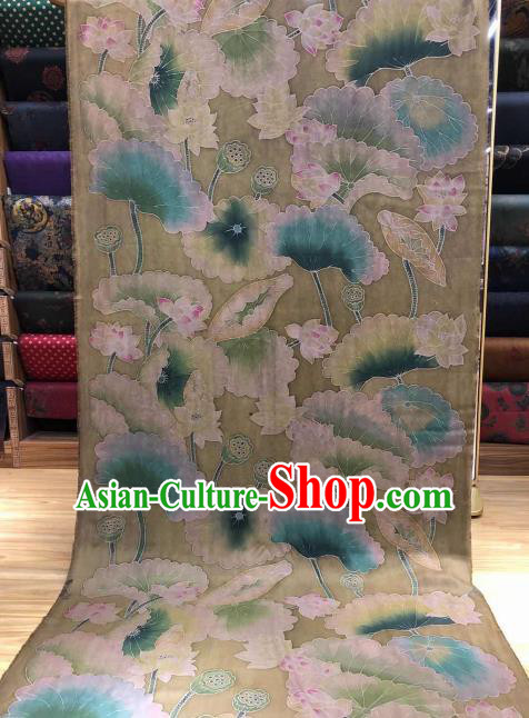 Asian Chinese Traditional Lotus Pattern Design Olive Green Gambiered Guangdong Gauze Fabric Silk Material