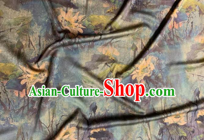 Asian Chinese Traditional Lotus Pattern Design Blue Gambiered Guangdong Gauze Fabric Silk Material