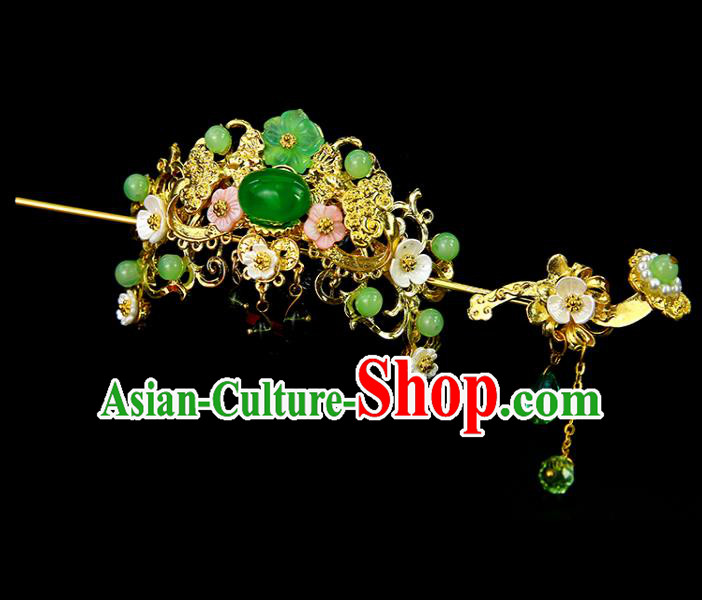 Chinese Ancient Princess Green Beads Hair Crown and Hairpins Traditional Classical Dance Hair Accessories for Women