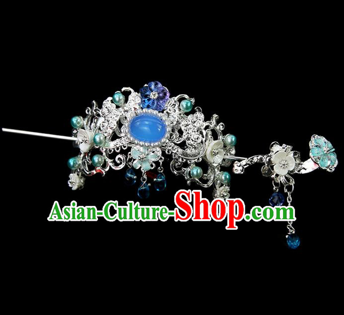 Chinese Ancient Princess Blue Hair Crown and Hairpins Traditional Classical Dance Hair Accessories for Women