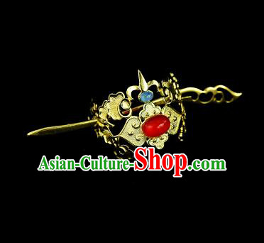Chinese Drama Royal Prince Red Glass Hair Crown and Golden Hairpin Ancient Swordsman Hair Accessories for Men