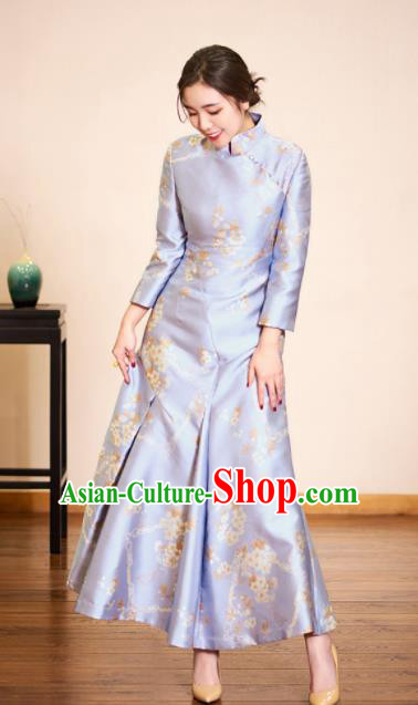 Traditional Chinese Graceful Brocade Cheongsam Light Blue Silk Qipao Dress for Women