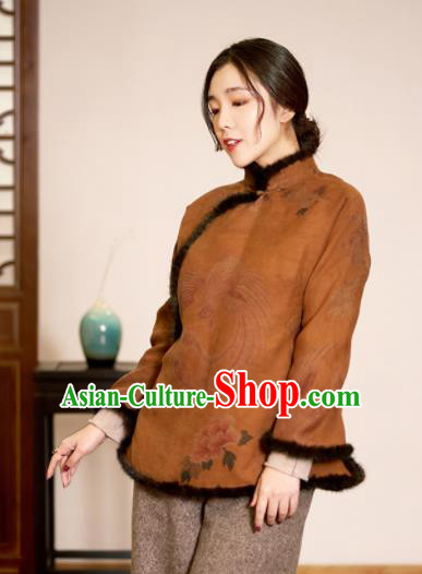 Top Grade Traditional Chinese Ginger Cotton Wadded Jacket Tang Suit Silk Upper Outer Garment for Women
