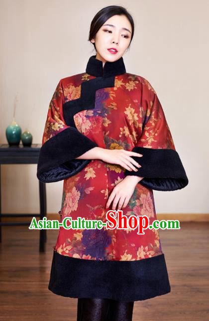Traditional Chinese Graceful Printing Peony Red Brocade Cheongsam Silk Qipao Dress for Women