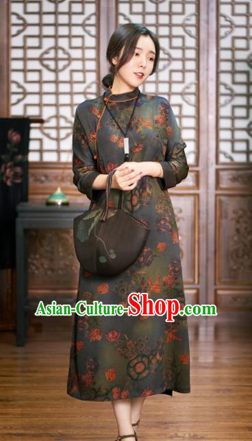 Traditional Chinese National Graceful Deep Grey Cheongsam Tang Suit Silk Qipao Dress for Women