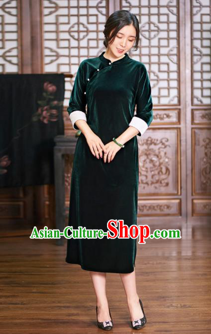 Traditional Chinese National Graceful Green Velvet Cheongsam Tang Suit Qipao Dress for Women