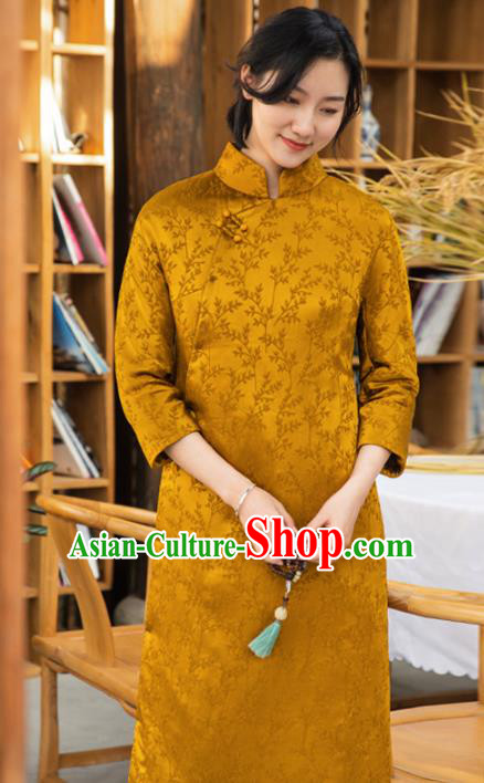 Traditional Chinese National Graceful Silk Cheongsam Tang Suit Golden Qipao Dress for Women