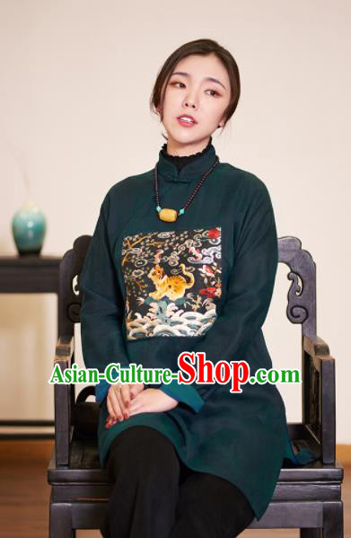 Top Grade Traditional Chinese Embroidered Atrovirens Blouse Qipao Upper Outer Garment for Women