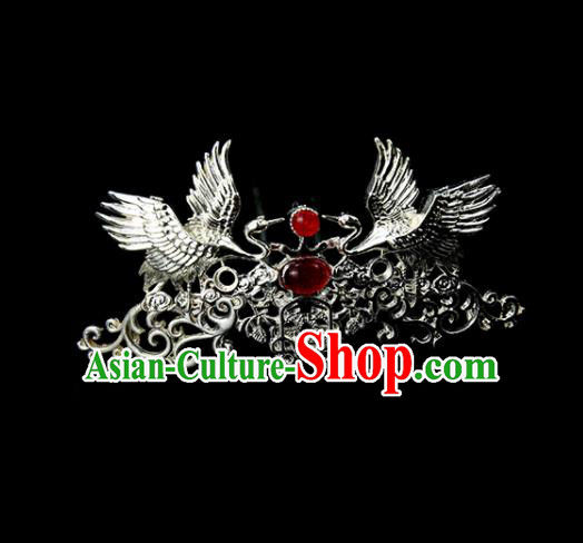 Chinese Ancient Princess Red Glass Argent Crane Hair Crown Traditional Classical Dance Hair Accessories for Women