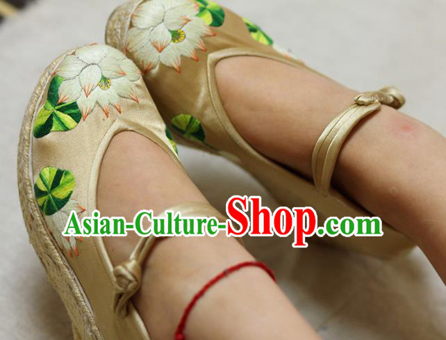 Chinese Traditional Embroidered Lotus Beige Brocade Wedge Heel Shoes Hanfu Shoes for Women