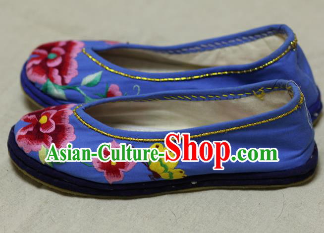Chinese Traditional Embroidered Peony Butterfly Blue Shoes Hanfu Shoes for Women