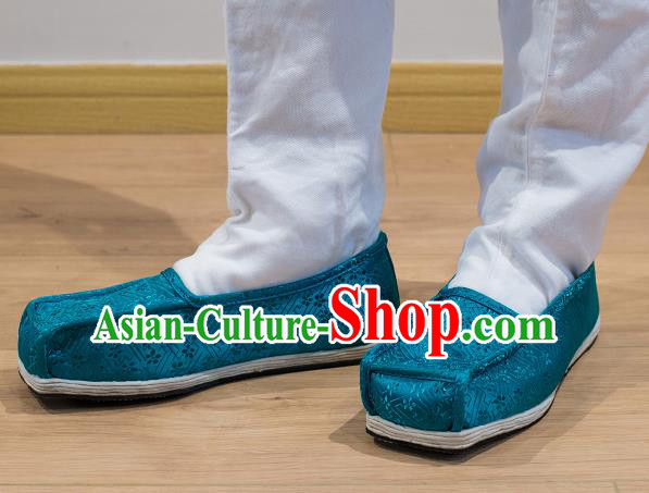 Chinese Handmade Kung Fu Shoes Blue Brocade Shoes Traditional Hanfu Shoes Opera Shoes for Men