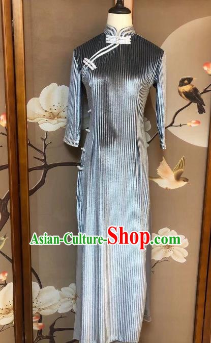 Chinese Classical Dance Grey Qipao Dress Traditional Stage Show Costume for Women