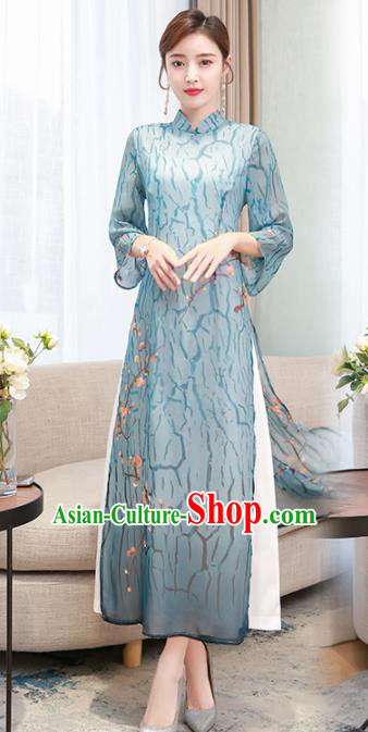 Chinese Traditional Compere Blue Organza Cheongsam Costume China National Qipao Dress for Women