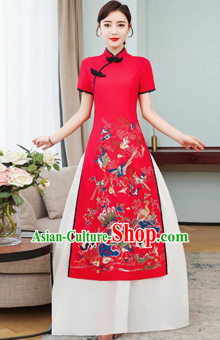 Vietnamese Traditional Printing Costume Vietnam Red Ao Dai Dress for Women