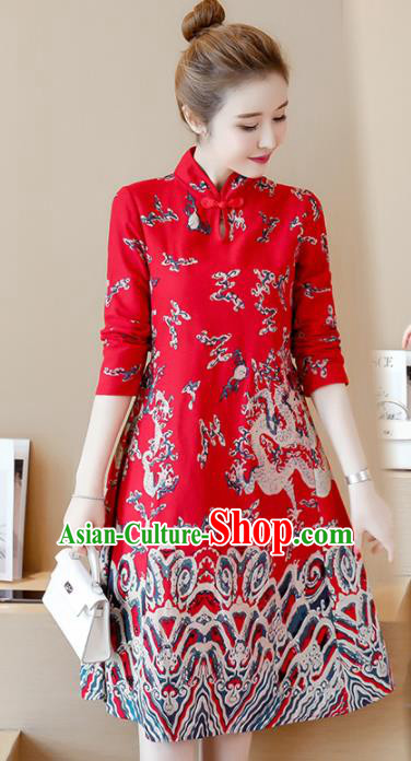 Chinese Traditional Printing Dragon Red Cheongsam Costume China National Qipao Dress for Women