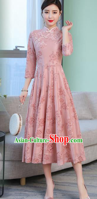 Chinese Traditional Embroidered Pink Mother Cheongsam Costume China National Qipao Dress for Women