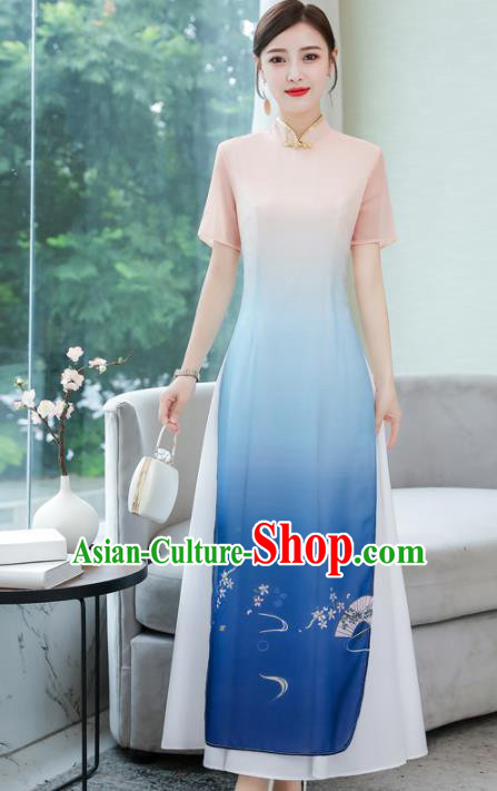 Chinese Traditional Compere Printing Blue Cheongsam Costume China National Qipao Dress for Women