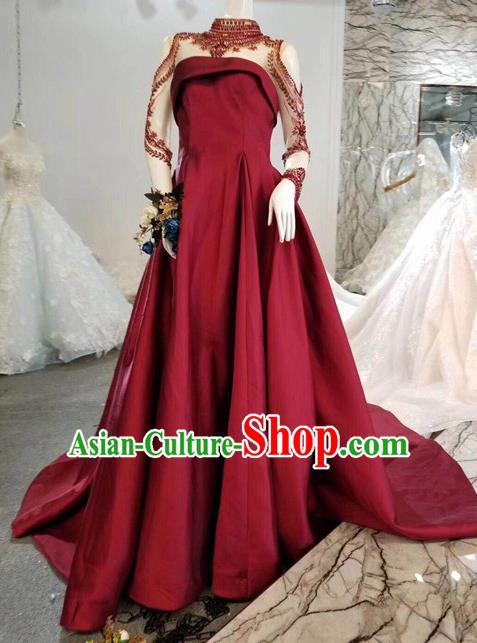 Custom Compere Wine Red Full Dress Wedding Bride Costumes Top Grade Bridal Gown for Women