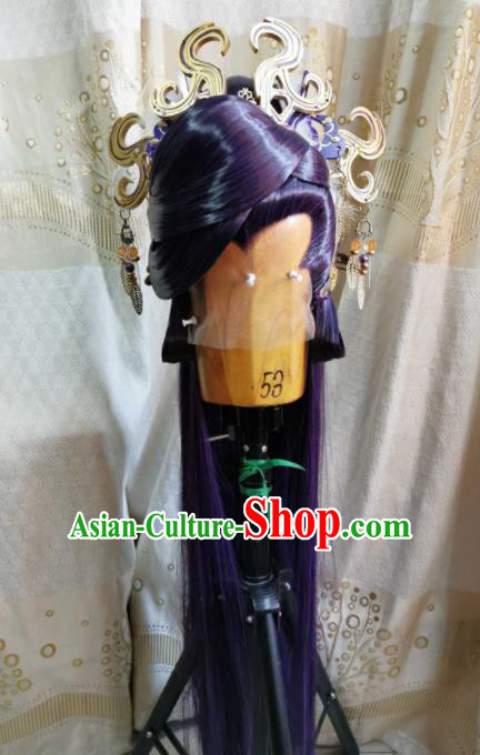 Custom Chinese Cosplay Swordsman Purple Wigs Ancient Knight Hair Chignon and Accessories for Men