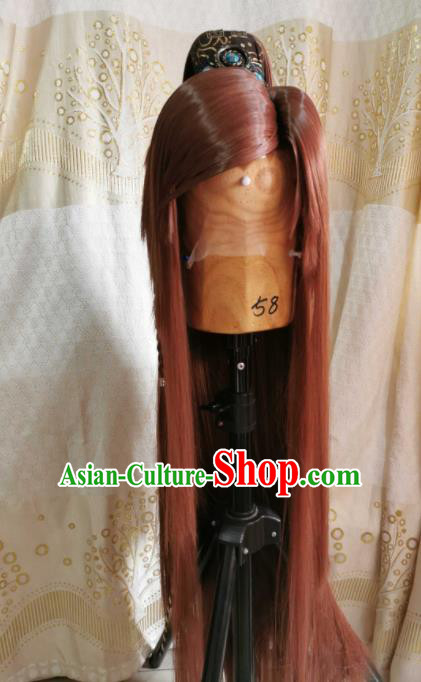 Custom Chinese Cosplay Swordsman Brown Wigs Ancient Knight Hair Chignon and Accessories for Men