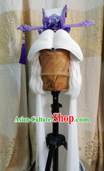 Custom Chinese Cosplay Swordsman White Wigs Ancient Taoist Hair Chignon and Accessories for Men