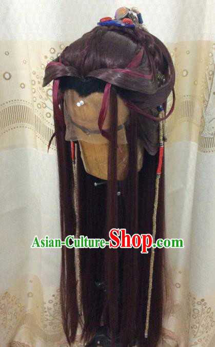 Custom Chinese Cosplay Young Man Brown Wigs Ancient Swordsman Hair Chignon and Accessories for Men