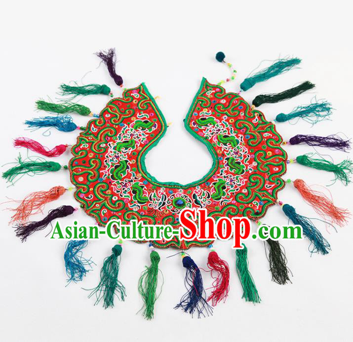 Chinese Traditional Dong Nationality Tassel Red Embroidered Shoulder Accessories Ethnic Embroidery Collar Craft