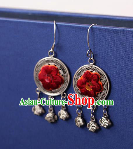 Chinese Traditional Miao Nationality Embroidered Silver Earrings Handmade Ethnic Ear Accessories for Women