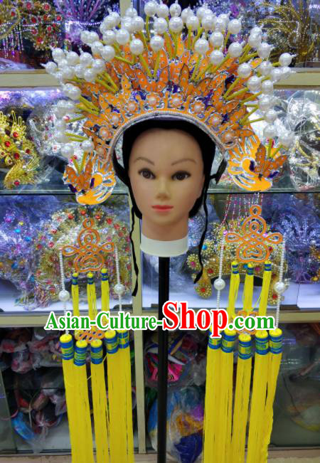 Chinese Traditional Peking Opera Queen Yellow Phoenix Coronet Hat Handmade Beijing Opera Hair Accessories for Women