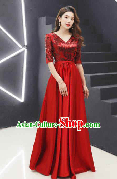 Top Grade Compere Wine Red Sequins Full Dress Annual Gala Stage Show Chorus Costume for Women