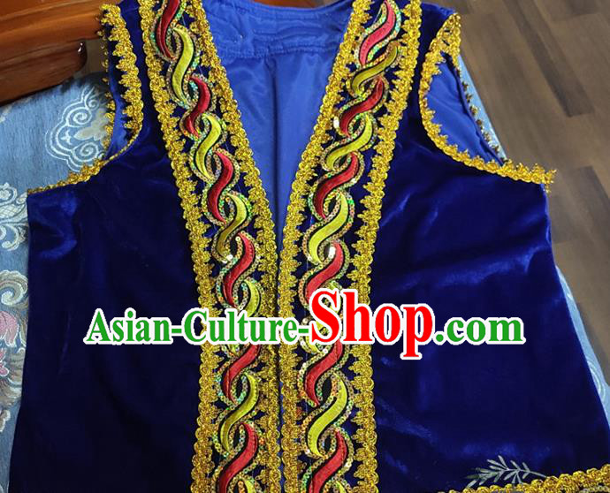 Chinese Traditional Uyghur Nationality Royalblue Vest Ethnic Folk Dance Stage Show Costume for Men