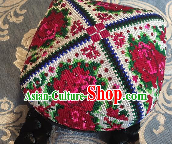 Chinese Traditional Uyghur Nationality Embroidered Red Flowers Hat Ethnic Folk Dance Stage Show Headwear for Women