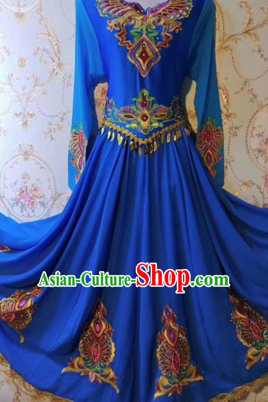 Chinese Traditional Uyghur Nationality Folk Dance Blue Dress Xinjiang Ethnic Stage Show Costume for Women