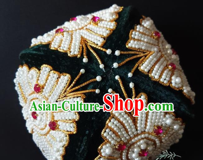 Chinese Traditional Uyghur Nationality Embroidered Beads Atrovirens Hat Ethnic Folk Dance Stage Show Headwear for Women