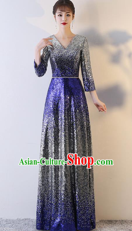 Top Grade Compere Royalblue Sequins Full Dress Annual Gala Stage Show Chorus Costume for Women