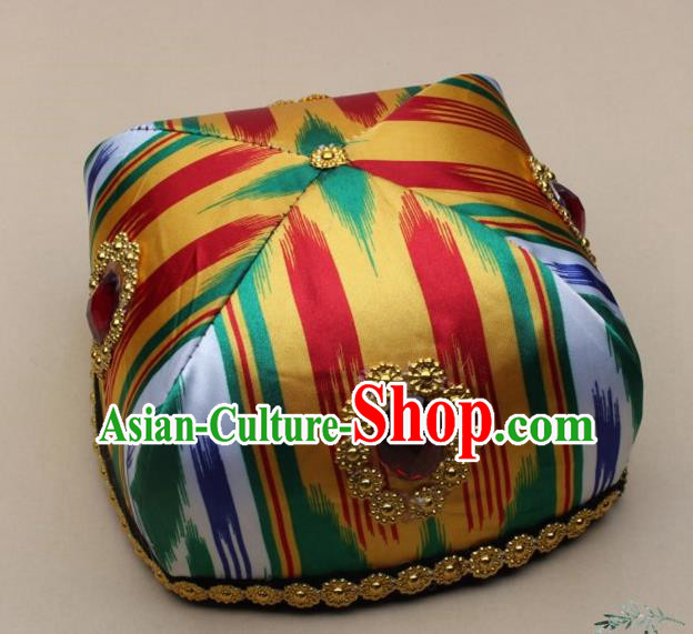 Chinese Traditional Uyghur Nationality Girls Yellow Ribbon Hat Ethnic Folk Dance Stage Show Headwear for Kids