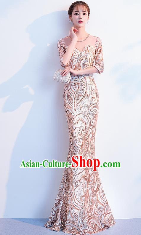 Top Grade Compere Golden Full Dress Annual Gala Stage Show Costume for Women