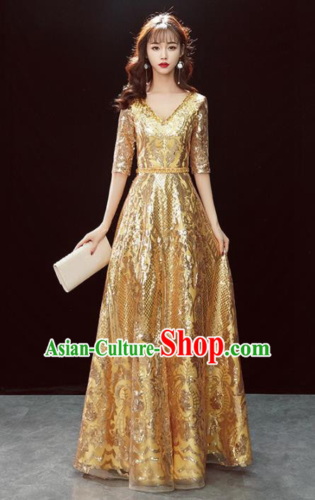 Top Grade Compere Golden Sequins Full Dress Annual Gala Stage Show Costume for Women