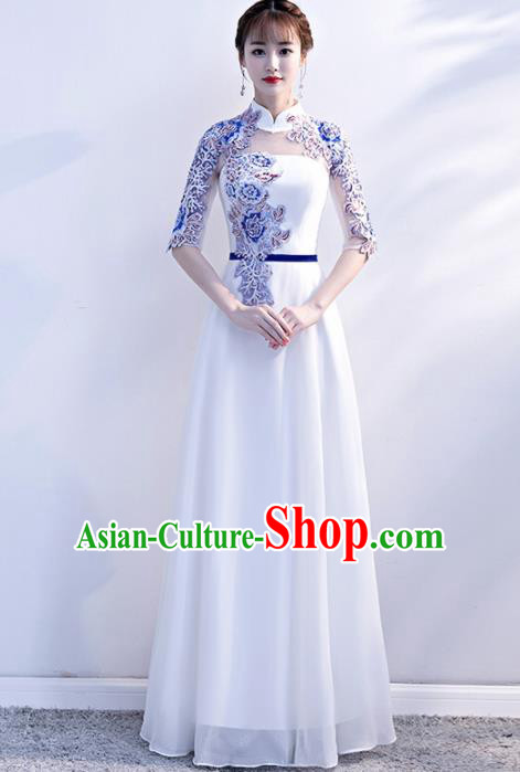 Top Grade Compere Embroidered White Qipao Dress Annual Gala Stage Show Chorus Costume for Women