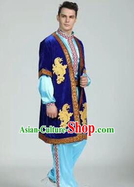 Chinese Traditional Uyghur Nationality Royalblue Outfits Xinjiang Ethnic Minority Folk Dance Stage Show Costume for Men
