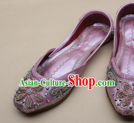 Asian India National Embroidered Pink Leather Shoes Handmade Indian Traditional Folk Dance Shoes for Women