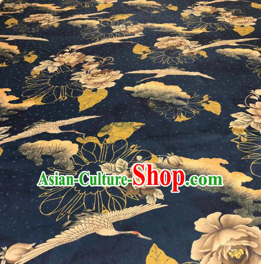 Asian Chinese Traditional Crane Peony Pattern Design Navy Gambiered Guangdong Gauze Fabric Silk Material