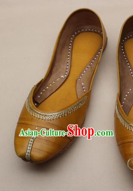 Asian Nepal National Handmade Yellow Leather Shoes Indian Traditional Folk Dance Shoes for Women